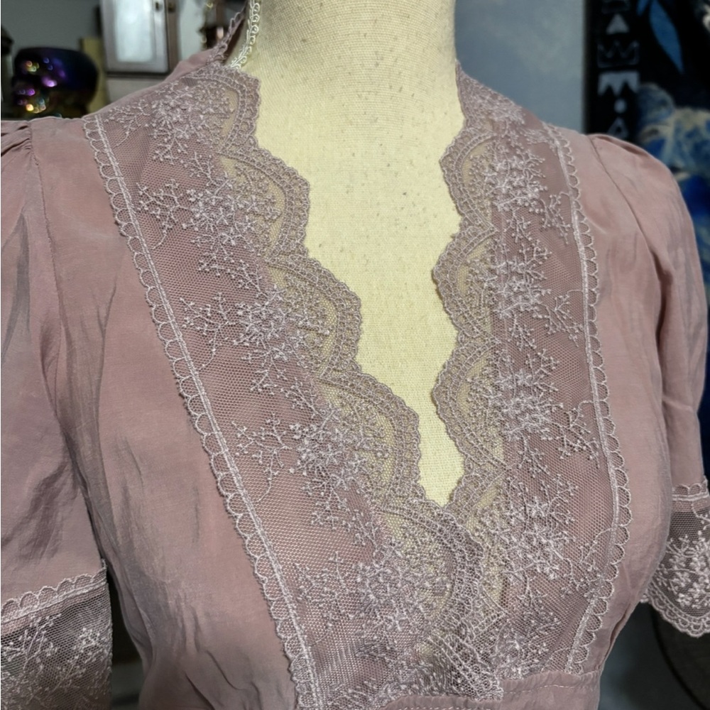 Zara Lace Trim Blouse Mauve Pink Cropped Top XS Boho Cottagecore - Picture 5 of 10